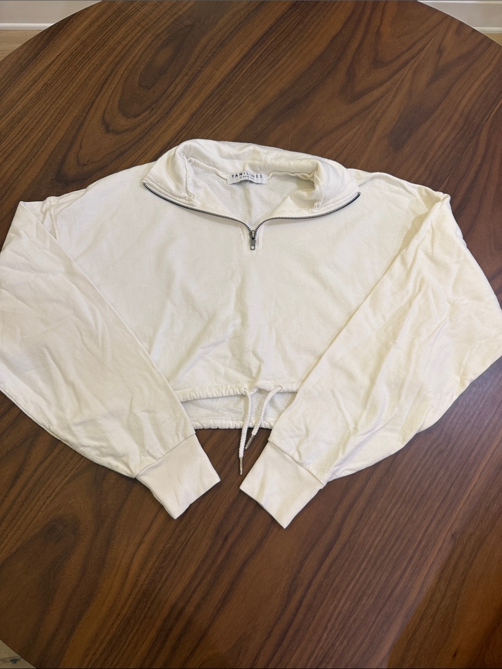 Cropped White Quarter-Zip Drawstring Crewneck Sweater